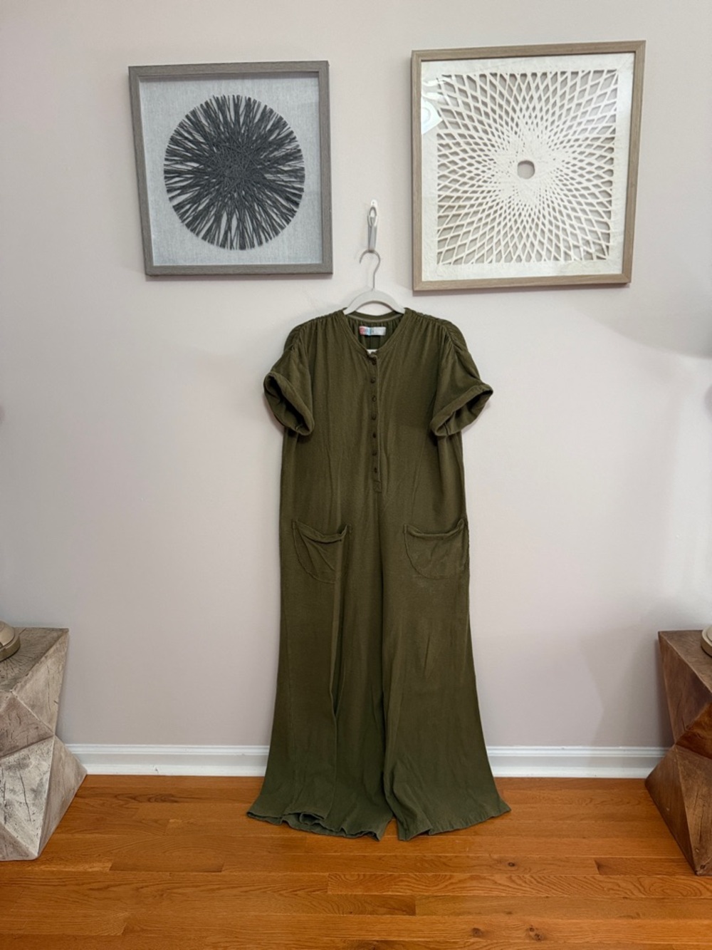Free People Beach My Go To Jumpsuit Size XS, Olive Green Button-Front Wide-Leg